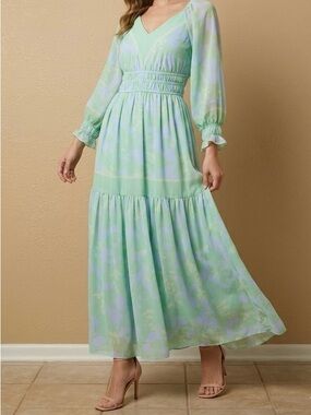 Taylor Chiffon Pastel Mint & Lilac Floral V-Neck Maxi Dress Long Sleeve Size 4